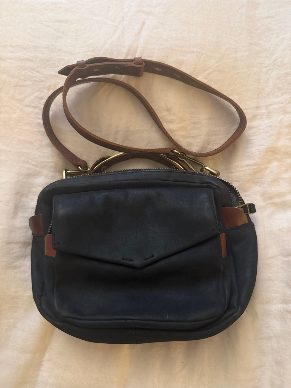 Madewell Black Leather Crossbody Bag with Brown Strap
